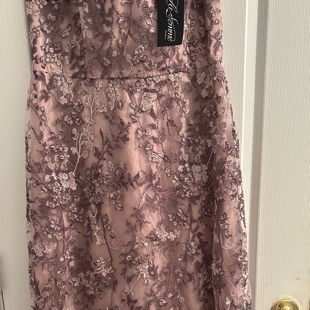 La Femme Floral Beaded Evening Dress With Sheer Cap Sleeves, So Beautiful - Picture 8 of 12